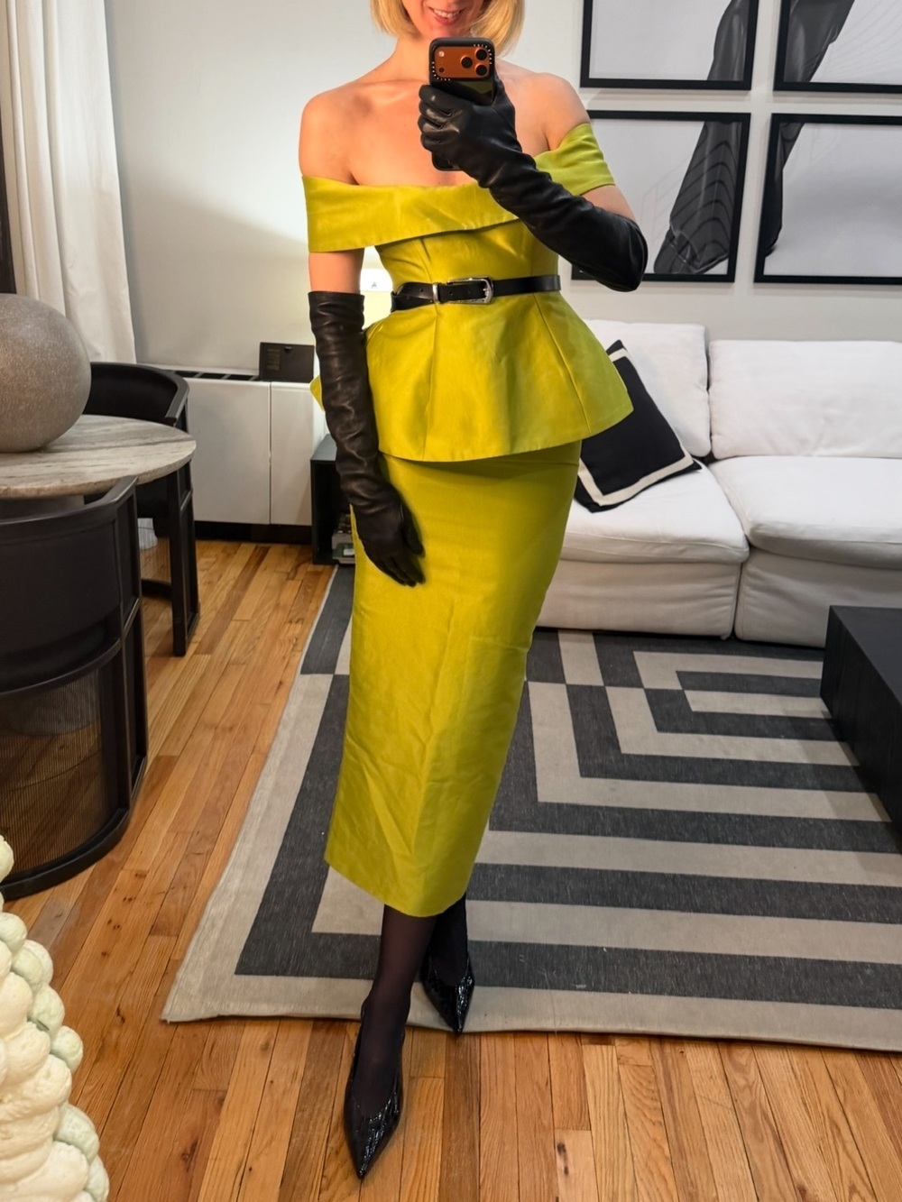 Off-Shoulder Peplum Midi Dress in Chartreuse